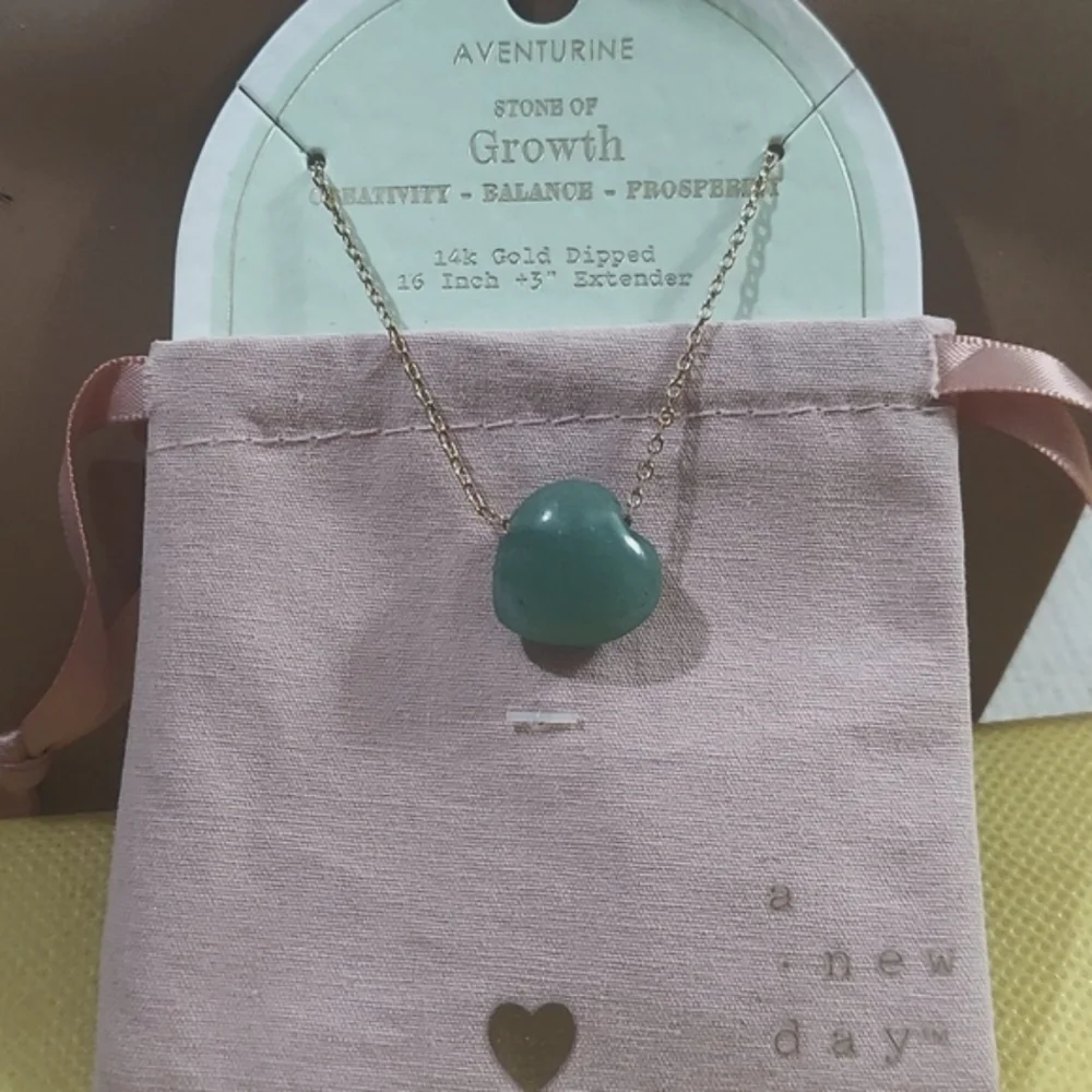 Green Aventurine Puffed Heart Stone 14K Gold Dip Pendant Chain Necklace New